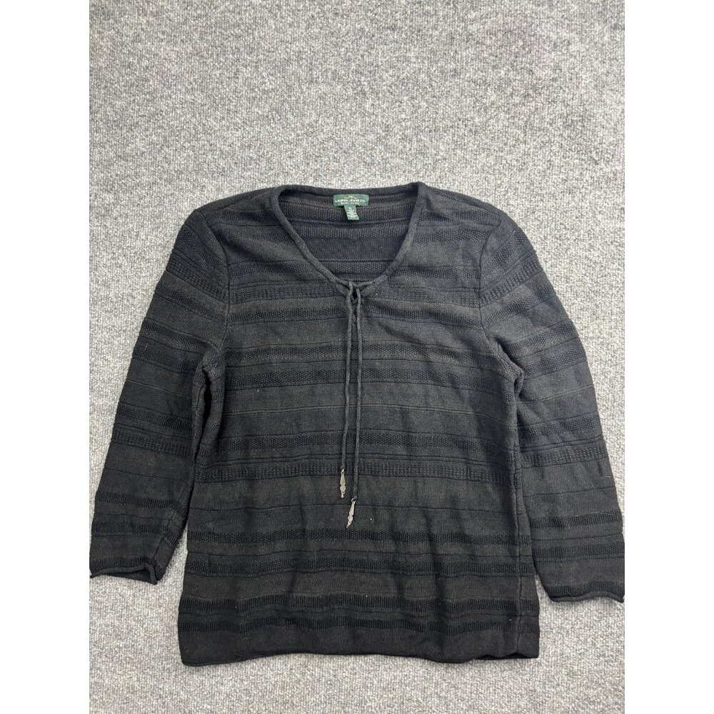Lauren Ralph Lauren Sweater Womens XL Black Striped Tassel Scoop Neck 3/4 Sleeve